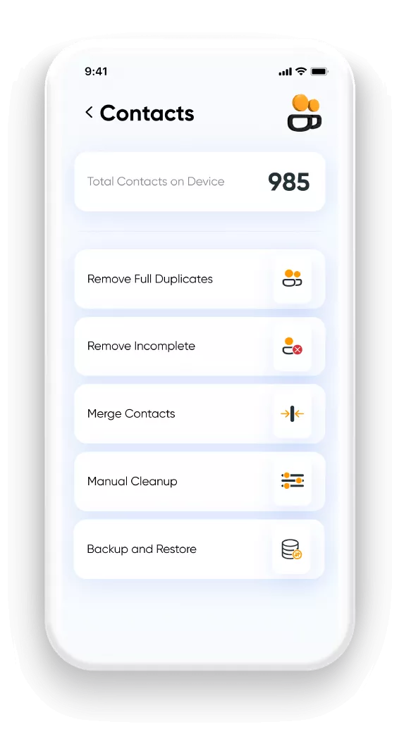 Contact manager interface with tools to clean, merge, and back up contacts